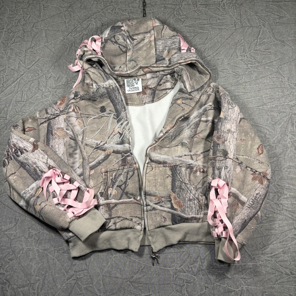 Named Collective Hoodie Womens S/M Camo Pink Ribbon Lace Up Zip Up Camouflage